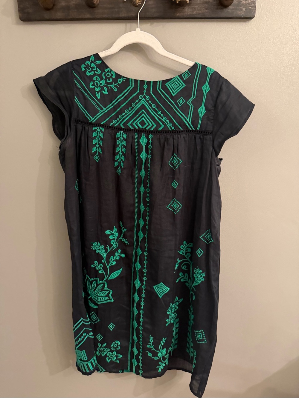 Johnny Was Black Midi Dress with Emerald Green Embroidery